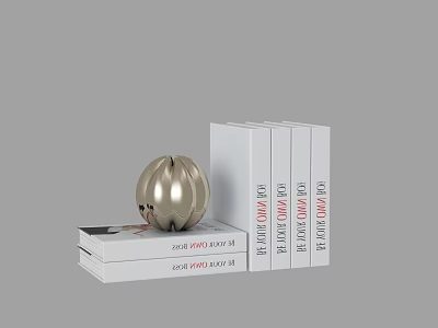 Silver Spherical Decorative Ornament Set With Stacked Books White Covers And Red Text 3d model