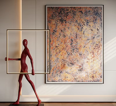Vibrant Abstract Painting With Red Sculpture And Frame In Modern Interior 3d model