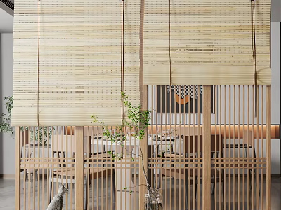 Natural Interior Room Divider Design With Bamboo Blinds Wooden Slats And Plants 3d model