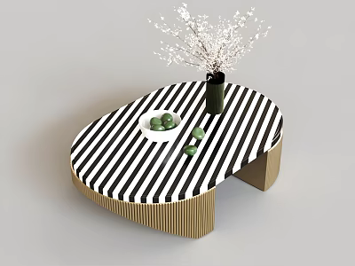 Stylish Black And White Striped Coffee Table With Golden Legs Black Vase And Green Fruits 3d model