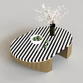 Stylish Black And White Striped Coffee Table With Golden Legs Black Vase And Green Fruits