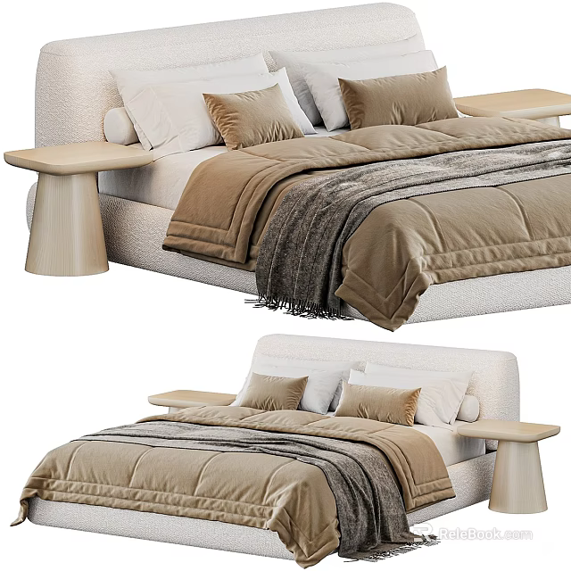 Modern Double Bed With Upholstered Headboard Beige Brown Bedding And Wooden Side Tables 3d model 