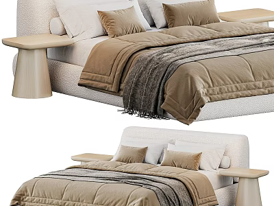 Modern Double Bed With Upholstered Headboard Beige Brown Bedding And Wooden Side Tables 3d model