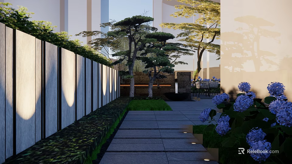 Modern Garden Wall Design In Courtyard With Pine Trees Stone Path And Hydrangeas 3d model 