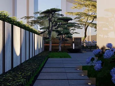 Modern Garden Wall Design In Courtyard With Pine Trees Stone Path And Hydrangeas 3d model