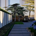 Modern Garden Wall Design In Courtyard With Pine Trees Stone Path And Hydrangeas
