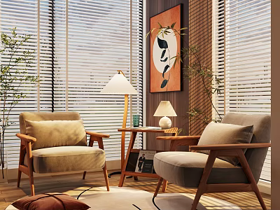 Casual Sofa Set with Wooden Armrests Beige Cushions Side Table Lamp Blinds Artwork and Greenery 3d model