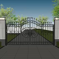 Building Exterior Wall With Decorative Iron Gate And Lush Greenery Landscaping