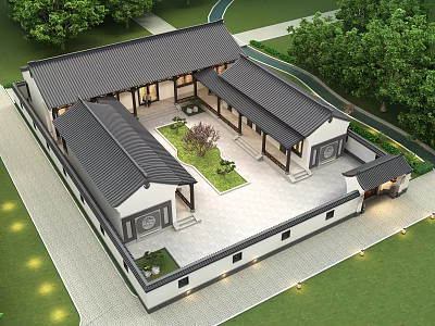 Chinese Style Detached Villa With Courtyard Black Roof And Surrounding Green Trees 3d model