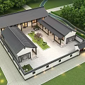 Chinese Style Detached Villa With Courtyard Black Roof And Surrounding Green Trees