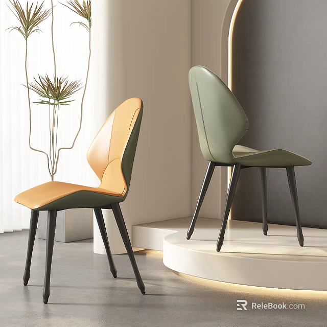 Modern Orange And Green Leather Dining Chairs With Sleek Backrest And Black Legs 3d model 
