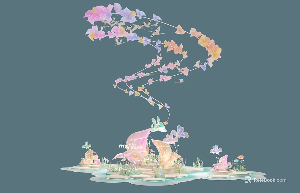Dreamy Fantastical Scene With Pink Purple Yellow Flowers Butterflies And Fantasy Fish 3d model 