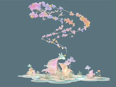 Dreamy Fantastical Scene With Pink Purple Yellow Flowers Butterflies And Fantasy Fish 3d model