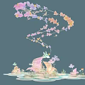 Dreamy Fantastical Scene With Pink Purple Yellow Flowers Butterflies And Fantasy Fish