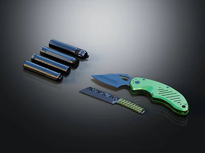 Green Handle Folding Knife With Four Metal Lighters And Serrated Blade Tool On Black Surface 3d model