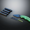 Green Handle Folding Knife With Four Metal Lighters And Serrated Blade Tool On Black Surface