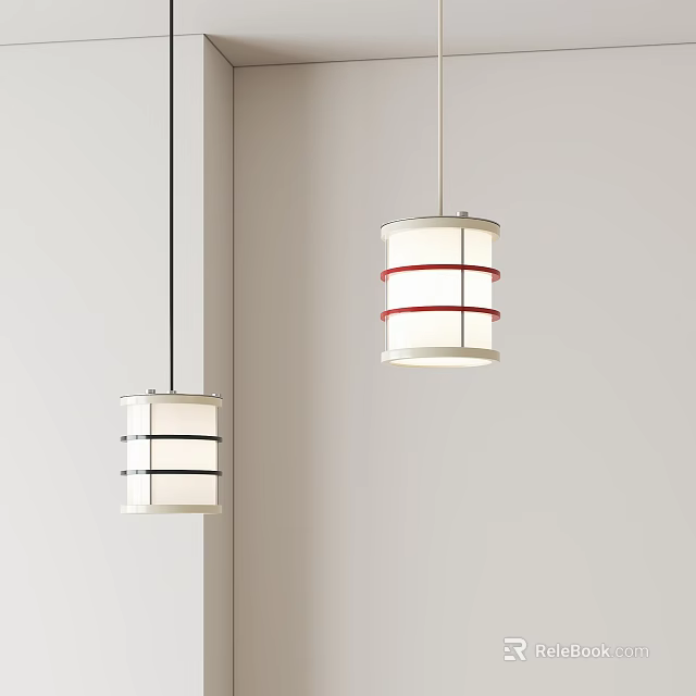 Modern Pendant Lights with Red and Black Stripes Hanging in White Minimalist Interior 3d model 