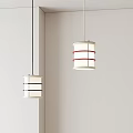 Modern Pendant Lights with Red and Black Stripes Hanging in White Minimalist Interior