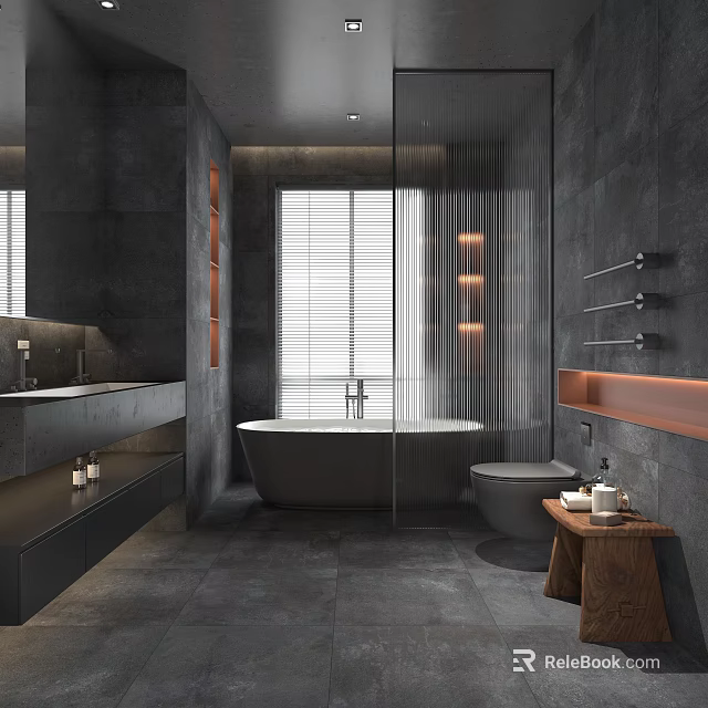 Dark Gray Bathroom Interior Featuring Bathtub Window Blinds Double Sink Wall Rack And Wooden Stool 3d model 