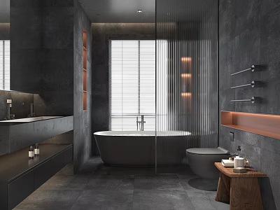 Dark Gray Bathroom Interior Featuring Bathtub Window Blinds Double Sink Wall Rack And Wooden Stool 3d model