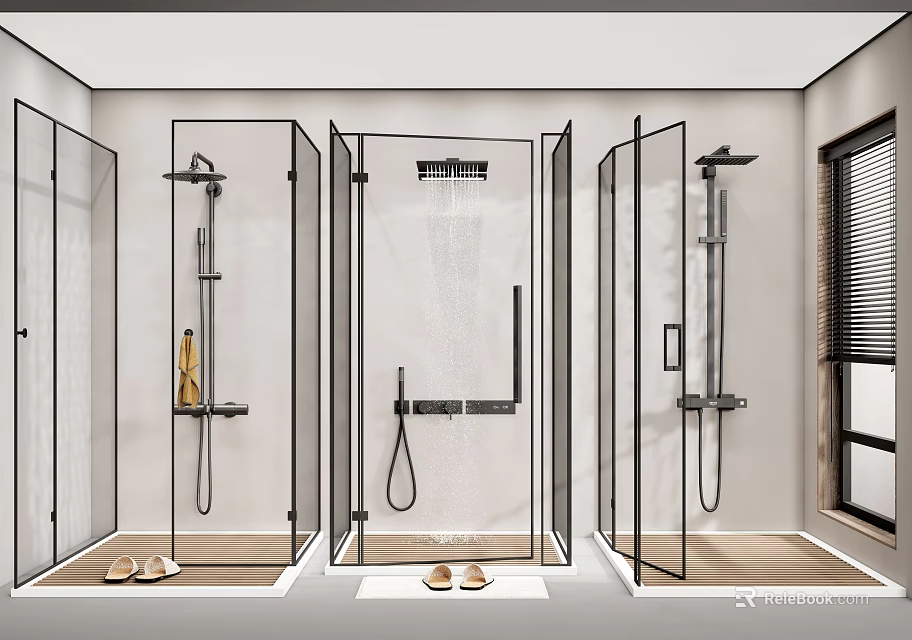 Modern Shower Sauna Interior With Glass Partitions And Multiple Shower Fixtures 3d model 