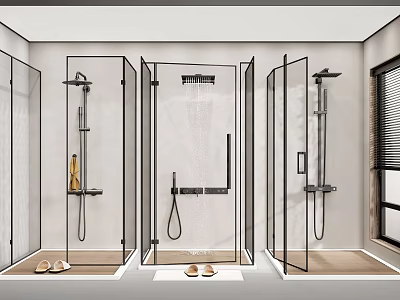 Modern Shower Sauna Interior With Glass Partitions And Multiple Shower Fixtures 3d model