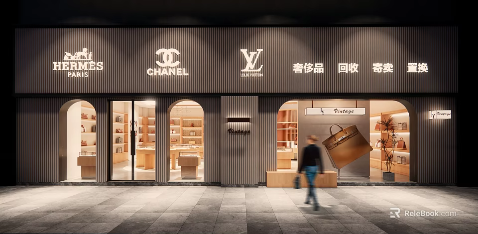 Elegant Luxury Jewelry Store with Chanel LV Window Display and Luxury Goods Recycling Consignment 3d model 