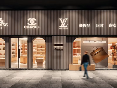 Elegant Luxury Jewelry Store with Chanel LV Window Display and Luxury Goods Recycling Consignment 3d model