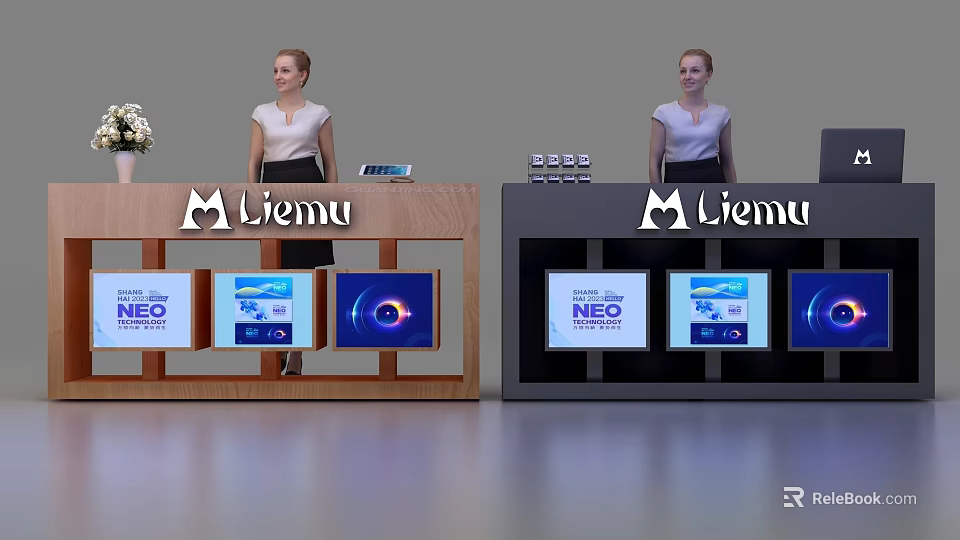 Miemu Reception Desk With Wooden And Dark Finish Digital Screens And Staff 3d model 
