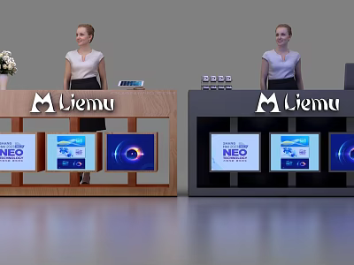 Miemu Reception Desk With Wooden And Dark Finish Digital Screens And Staff 3d model