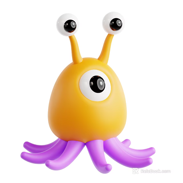 Cute Yellow Cartoon Creature With Big Eye Purple Tentacles And Antennae Eyes 3d model 
