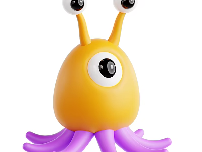 Cute Yellow Cartoon Creature With Big Eye Purple Tentacles And Antennae Eyes 3d model