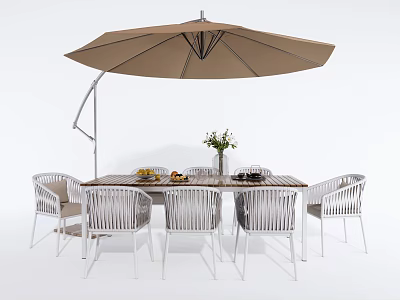 Outdoor Dining Table With Wicker Chairs Umbrella Vase And Fruits 3d model