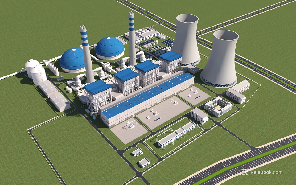 Industrial Plant Complex With Cooling Towers Chimneys Blue Roofed Buildings Circular Tanks And Green Areas 3d model 