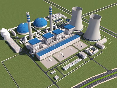 Industrial Plant Complex With Cooling Towers Chimneys Blue Roofed Buildings Circular Tanks And Green Areas 3d model