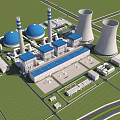 Industrial Plant Complex With Cooling Towers Chimneys Blue Roofed Buildings Circular Tanks And Green Areas
