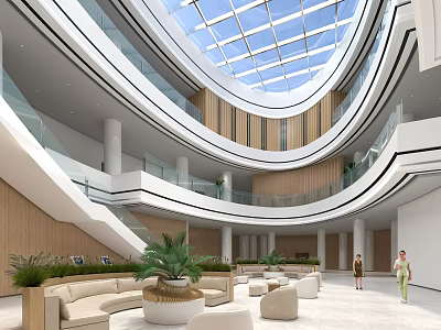 Spacious Shopping Mall Atrium With Glass Skylight Multiple Floors Wooden Accents Green Plants Sofa Seating 3d model