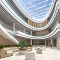 Spacious Shopping Mall Atrium With Glass Skylight Multiple Floors Wooden Accents Green Plants Sofa Seating