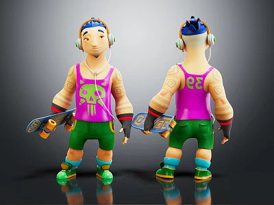 Cartoon Characters Wearing Headphones Purple Tank Tops Green Shorts Holding Skateboards Front Back Views 3d model