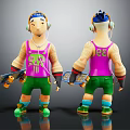 Cartoon Characters Wearing Headphones Purple Tank Tops Green Shorts Holding Skateboards Front Back Views