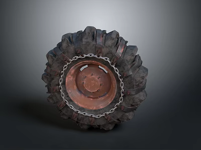 Off road Vehicle Tire With Rusty Rim And Heavy Duty Chain For Rugged Terrain 3d model