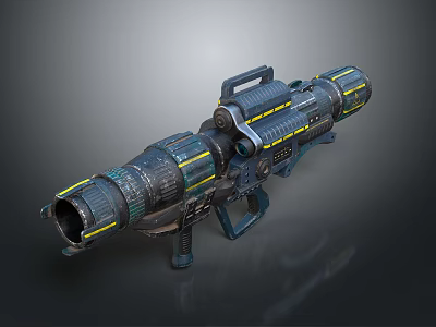 Futuristic Sci Fi Weapon with Mechanical Structure Yellow Accent Stripes and Heavy Duty Design 3d model