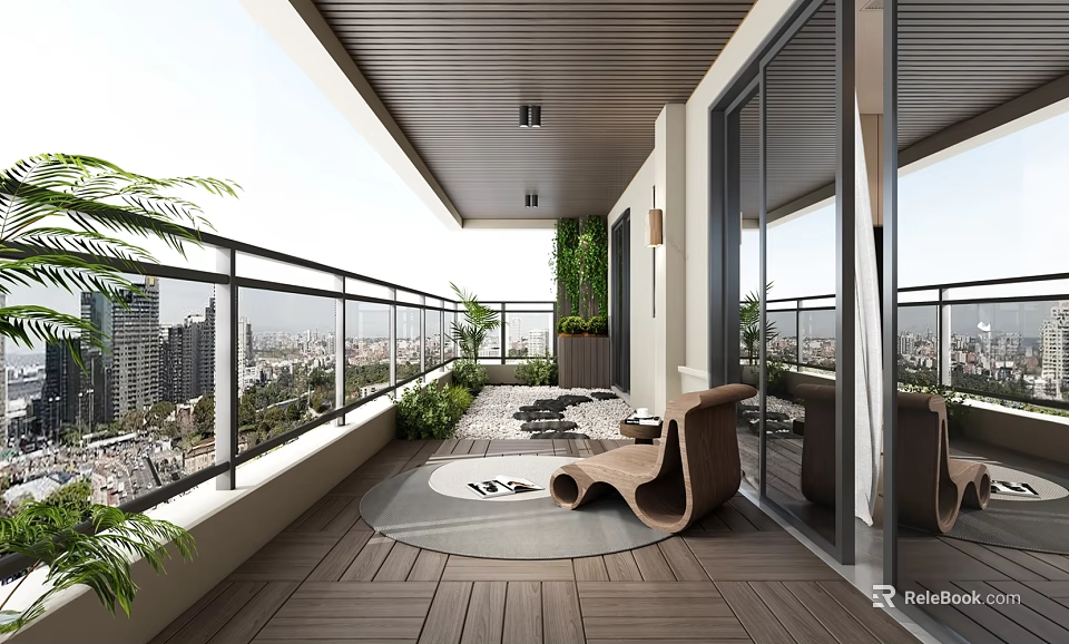 Modern Home Balcony Design With Wooden Flooring Cozy Seating Green Plants And City View 3d model 