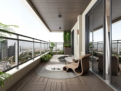 Modern Home Balcony Design With Wooden Flooring Cozy Seating Green Plants And City View 3d model