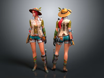 Female Character With Cowboy Hat Red Hair Vest Shorts Leg Armor And Gun 3d model