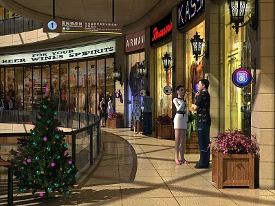 Shopping Mall Interior With Christmas Tree Storefronts People Talking And Decorative Lights 3d model