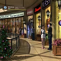 Shopping Mall Interior With Christmas Tree Storefronts People Talking And Decorative Lights