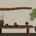Rustic Wooden Wall Lamp With Glowing Light And Clay Pots Plants On Bench Interior Decor