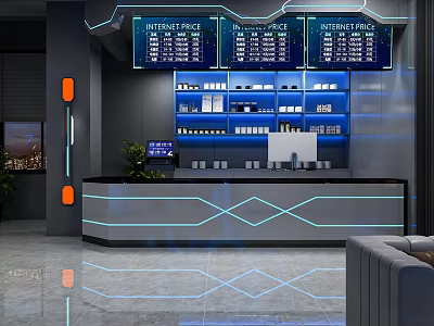 Modern Internet Cafe Interior Design With Front Counter Neon Lights And Price Screens 3d model