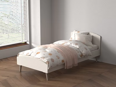 Modern Kids Bed with White Frame Patterned Bedding Pink Blanket and Wooden Floor 3d model